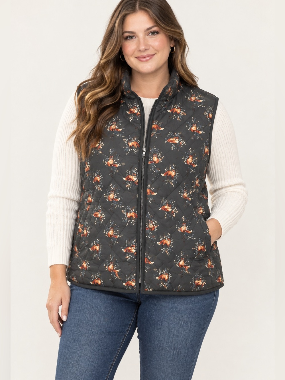 Coldwater Creek Green Quilted Vest with Foxes 1X